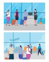 set scenes of people and stewardess in the airport terminal vector