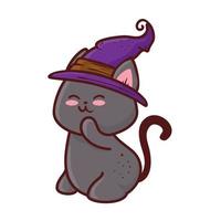 halloween, lindo gato negro y bruja de sombrero, en fondo blanco vector
