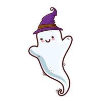 halloween, lindo fantasma con sombrero de bruja en fondo blanco vector