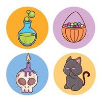 set icons of happy halloween in round frame vector