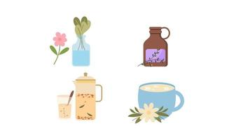 homeopatía, aromaterapia, conjunto de medicina tradicional natural. hierbas, té de hierbas, elementos esenciales naturopáticos homeopáticos, plantas curativas. vector