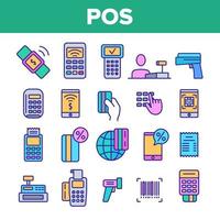 pos terminal, conjunto de iconos lineales de vector de pago móvil