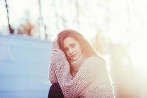 Lifestyle photo of young beautiful lady in autumn park