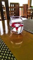 glass of water on the restaurant table photo