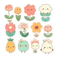 Cute flowers cartoon emoticon set. Funny flowers collection. png