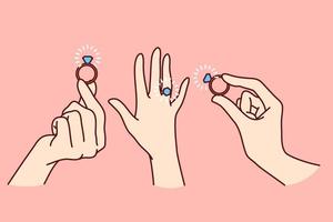 juego de manos de mujer con anillo de compromiso en el dedo. colección de palma de niña con joyas de boda. matrimonio y propuesta. ilustración vectorial vector