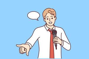 Young confident man with microphone make speech in front of audience. Smiling male speaker or coach with mic talk or make presentation. Vector illustration.