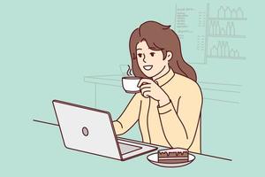 Smiling young woman sit in cafe working on computer. Happy girl drink coffee and cake study on laptop in coffee shop. Vector illustration.