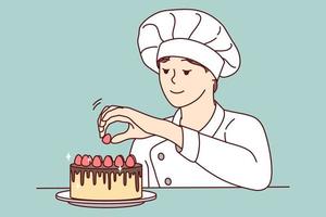 pastelero sonriente decorando pastel con frutas. feliz panadera terminando el postre con frambuesas. concepto de cocina y panadería. ilustración vectorial vector