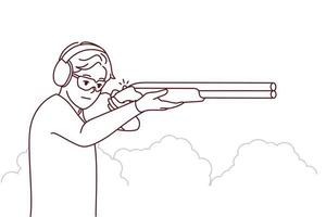 Man in headphones and glasses shoot with rifle in shooting gallery. Guy with weapon in hands hunting in park. Vector illustration.