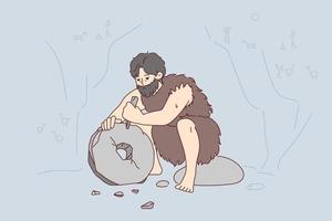 un anciano con barba que vive en una cueva usa una herramienta de piedra para crear una rueda. El hombre de Neanderthal con una capa hecha de piel de animal inventa dispositivos primitivos para moler el grano. ilustración vectorial plana vector