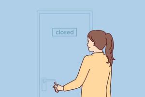 Indecisive woman pulls hand to door with inscription closed stands with back to screen. Girl is discouraged and does not know what to do after store is closed due to bankruptcy. Flat vector image