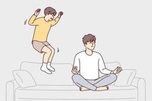 hombre restringido sentado con las piernas cruzadas haciendo yoga ignorando al hermano menor saltando en el sofá. el adolescente se divierte queriendo distraer a su padre de la meditación y llamar la atención sobre sí mismo. imagen vectorial plana vector