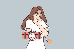 Frightened woman holding bomb in hands panicking because of explosion and does not know how to stop detonation. Shocked girl with dynamite symbolizing imminent approach of trouble. Flat vector design