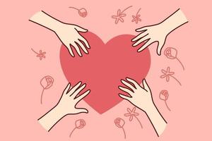 primer plano de las manos cerca del signo del corazón compartir amor y cuidado. diversas personas que tocan el corazón muestran afecto y gratitud. ilustración vectorial vector