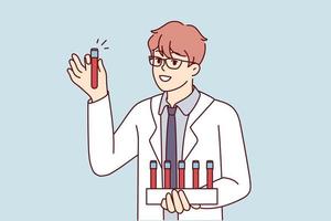 Young man scientist in white coat holds test tubes with blood samples for scientific experiments. Smart guy working as doctor in private clinic demonstrates plastic flask. Flat vector illustration