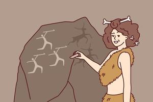 Ancient woman in clothing made from animal skins and bones in hair makes rock paintings. Girl depicts people hunting deer on giant stone and smiling looks at screen. Flat vector design
