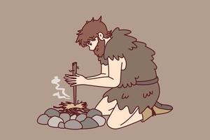 Primitive man on knees near stones for first time breeds bonfire using stick and friction force. Ancient human homo sapiens with beard dressed in skin animal learn to make fire. Flat vector design