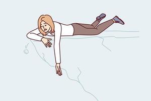 Weakened woman lies on edge of cliff stretching hand down. Girl in business clothes on edge of mountain symbolizes risk when trying to save person experiencing problems at work. Flat vector image