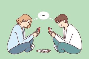 Young man and woman play cards sitting cross-legged on floor and think what next move to make. Youth guy and girl spend their free time together using board game to pass time. Flat vector design