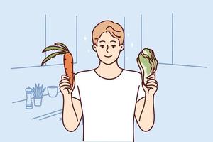 Smiling young man holding fresh organic vegetable follow diet. Happy guy choose natural products cooking in kitchen. Vegetarian concept. Vector illustration.