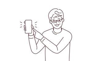 Smiling elderly man in glasses point at mockup cellphone screen. Happy mature grandfather show with finger on smartphone display. Vector illustration.