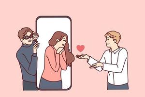 las personas que hablan en línea en la aplicación de citas en un teléfono inteligente con un hacker roban datos personales. el hombre y la mujer chatean en la aplicación web en el teléfono celular. ilustración vectorial vector