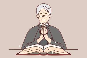 Calm priest in robe holding rosary praying with bible in church. Happy pastor pray to god in cathedral. Religion and faith. Vector illustration.