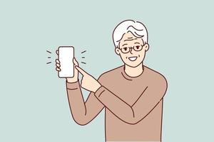 Smiling elderly man in glasses point at mockup cellphone screen. Happy mature grandfather show with finger on smartphone display. Vector illustration.