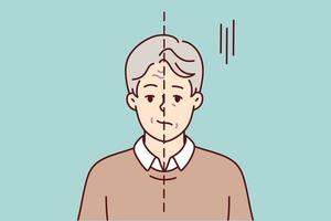 Lonely man smiling and sad at same time experiencing psychological problems. Guy with dividing line on face before and after going to psychologist or taking antidepressants. Flat vector design