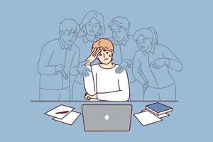 Stressed young man feel pressure by society opinion working on computer. Distressed male employee frustrated with annoying imaginary colleagues. Vector illustration.