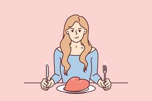 Frowning woman sits at table with giant heart in plate and holds fork with knife. Girl for concept toxic relationship and enmity towards husband after disappointment in marriage. Flat vector design