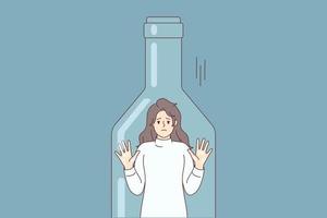 Depressed woman standing inside transparent bottle cant get out due to alcohol abuse. Young girl is trapped in need of treatment and rehab from strong drinks addiction. Flat vector illustration