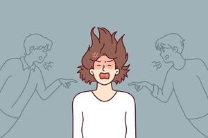 Depressed girl having panic attack and screaming after insulting two guys. Woman experiencing psychological problems after being criticized or insulted based on gender. Flat vector illustration