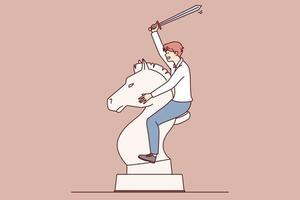 Man with sword astride huge horse chess piece symbolizes determination and readiness for bold action. Business concept of competition between corporation managers. Flat vector illustration