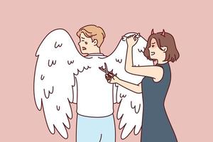 Woman with clipping wings on back crying man to limit freedom and potential. Girl with demon horns brings scissors to back of angel for concept totalitarian environment in company. Flat vector image