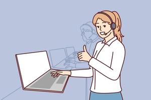 Woman in headphones for call center stands near laptop and looks at camera showing thumbs up. Girl employee of psychological support service or software user consultation smiling. Flat vector image