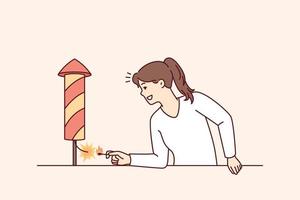 Positive woman with smile sets fire to firecracker wanting to start festive firework. Girl in white T-shirt brings match to clapperboard to cheer herself up and those around her. Flat vector image