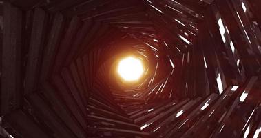 A rotating dark metal tunnel with walls of ribs and lines in the form of an octagon with reflections of luminous rays. Abstract background photo