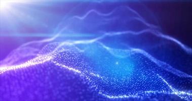 Abstract waves from particles and lines of blue futuristic beautiful flying glowing magical energy with sun rays and blur effect. Abstract background photo