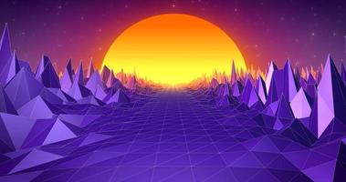 Abstract purple blue retro landscape in old 80s, 90s style with road rocks mountains and sun, abstract background photo