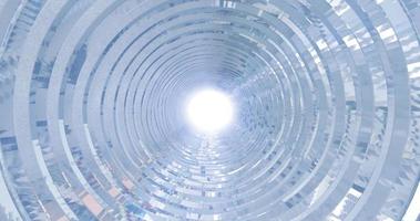 un túnel giratorio de metal plateado cromado brillante con paredes de costillas y líneas en forma de círculo con reflejos de rayos luminosos. fondo abstracto foto