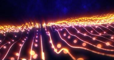 Abstract yellow orange shiny glowing lines rays of energy and magic waves from particles and dots, abstract background photo