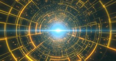 Abstract yellow glowing neon laser tunnel futuristic hi-tech with energy lines, abstract background photo
