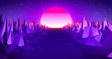 Abstract purple blue retro landscape in old 80s, 90s style with road rocks mountains and sun, abstract background photo