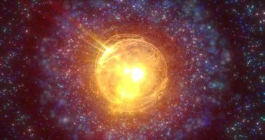 resumen futurista brillante con luz amarilla esfera redonda estrella espacial de energía mágica de alta tecnología en el fondo de la galaxia espacial. fondo abstracto foto