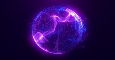 Abstract round blue to purple sphere light bright glowing from energy rays and magic waves from particles and dots, abstract background photo