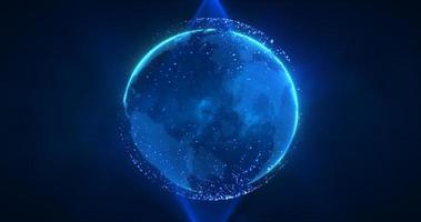 Abstract blue planet earth spinning with futuristic high-tech particles bright glowing magical energy, abstract background photo