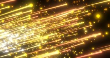 líneas luminosas diagonales voladoras amarillas abstractas meteoritos de energía y luz de partículas de puntos de energía mágica sobre un fondo negro. fondo abstracto foto