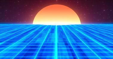 Abstract blue glowing neon laser grid retro futuristic high tech from 80s, 90s with energy lines on surface and horizon with sun, abstract background photo